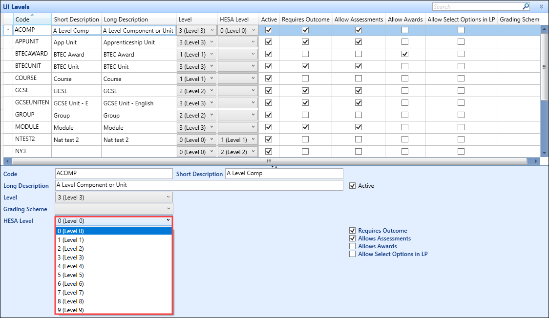 HESA Level drop-down field