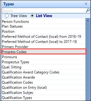 Reference Data type Progress Codes