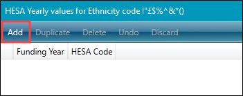 HESA Yearly Values window Add button