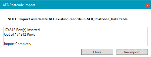 Completed AEB import window