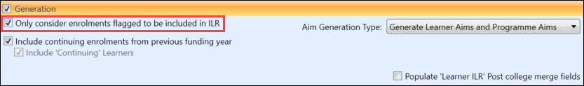 'Only consider enrolments flagged to be included in ILR' check box