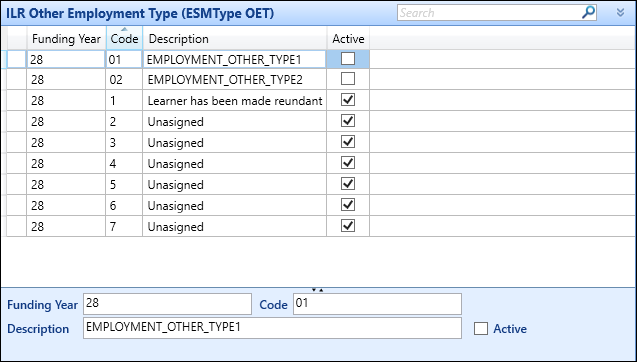 ILR Other Employment Type (ESMType OET) reference data