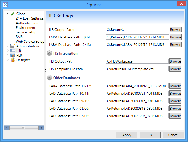 Options window - ILR Settings section