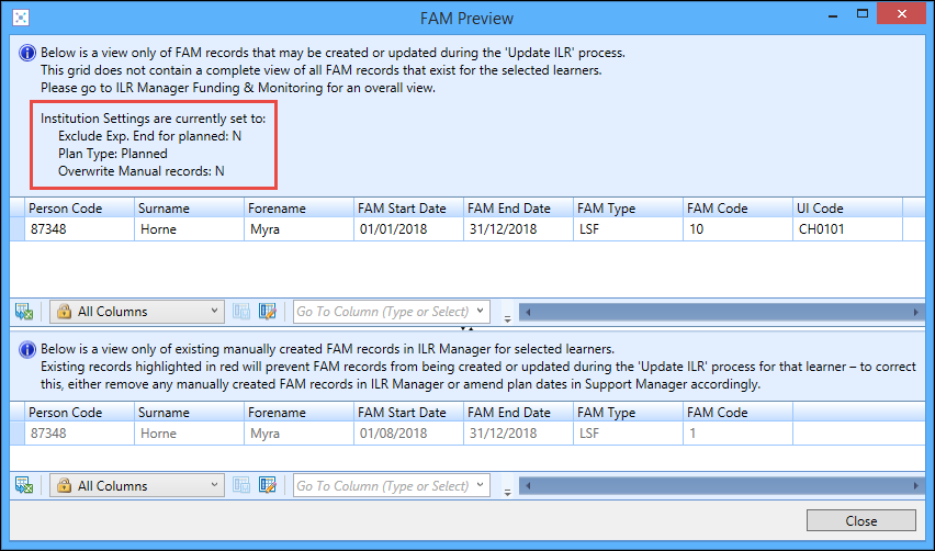 FAM Preview window - institution settings values