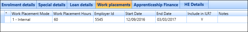 Work Placements tab