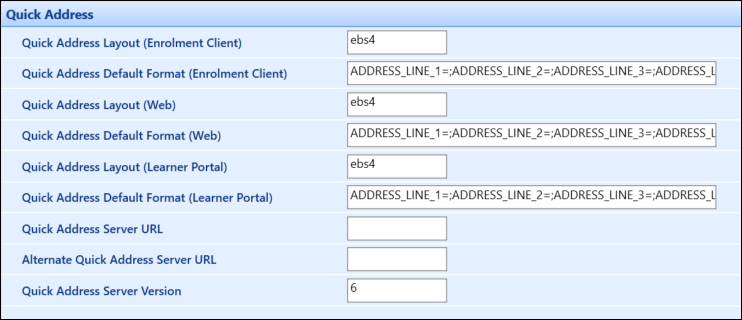 Quick Address institution settings screen