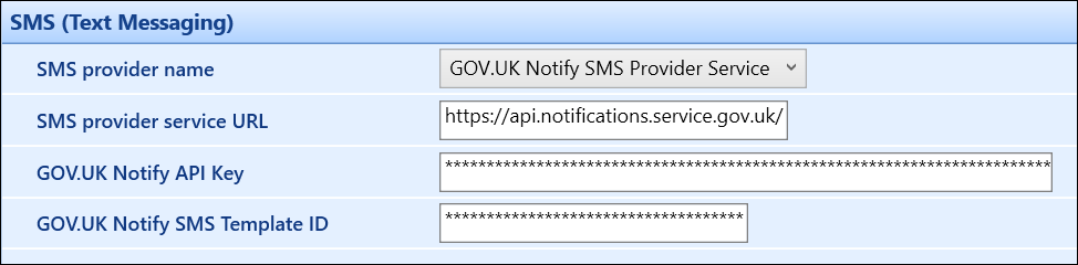 SMS (Text Messaging) institution settings screen