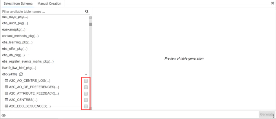 Select check box to include all columns for a table