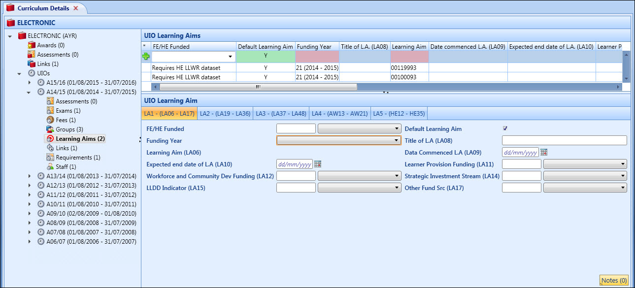 Curriculum Details screen UIO learning aims