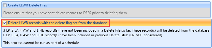 Delete LLWR Records with the Delete Flag Set from the Database check box