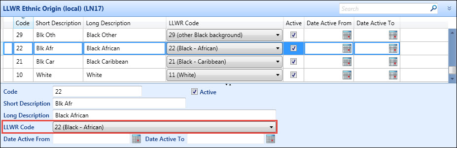 LLWR Ethnic Origin (local) reference data