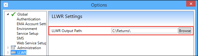 Options window - LLWR Output Path field