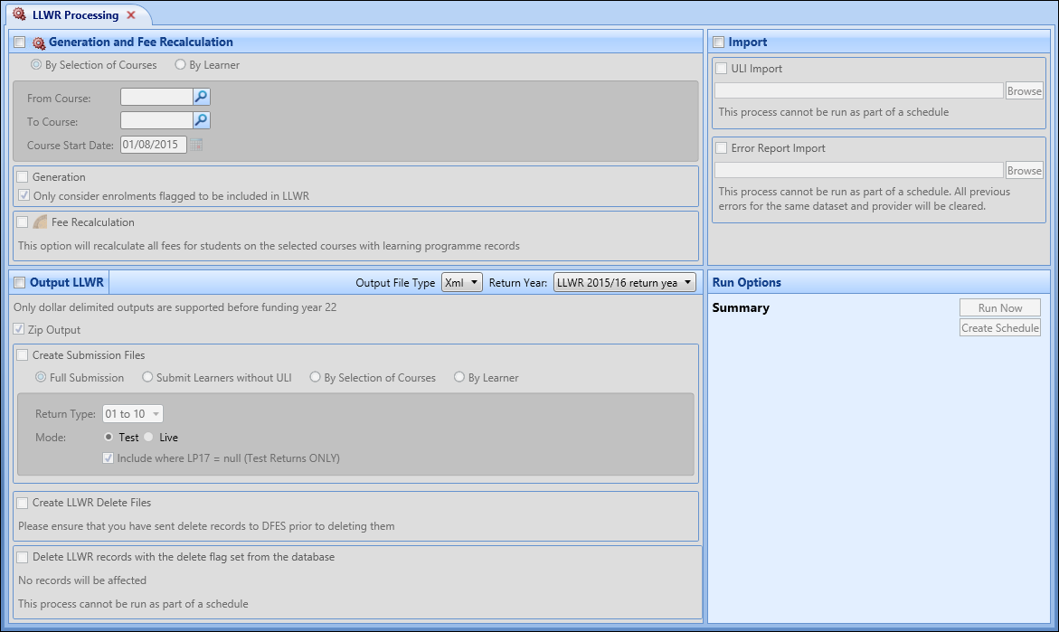 LLWR Processing screen