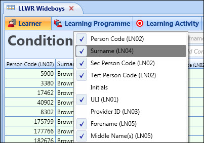 LLWR Wideboys screen - display columns