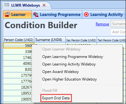 LLWR Wideboys screen - Export Grid Data option