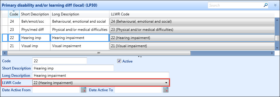 Primary disability and/or learning diff (local) reference data