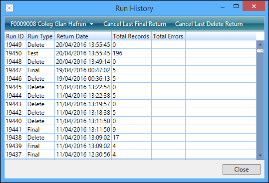 Run History window