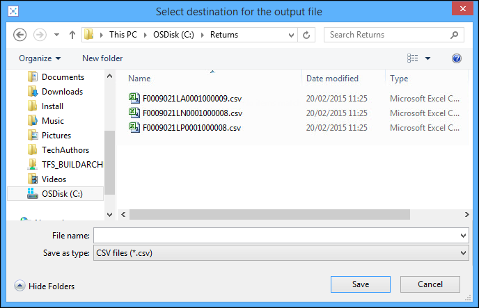 Select Destination for the Output File window