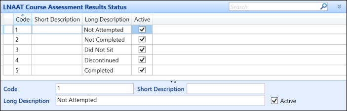 LNAAT Course Assessment Results Status reference data