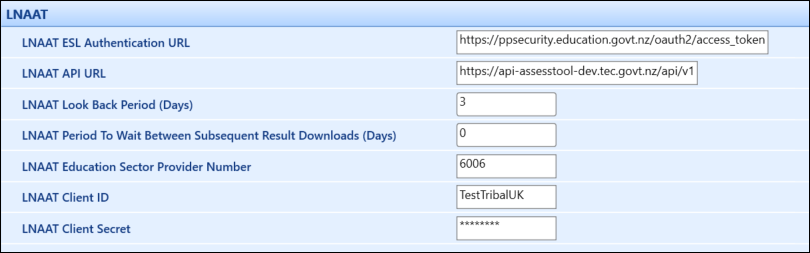 LNAAT institution settings screen