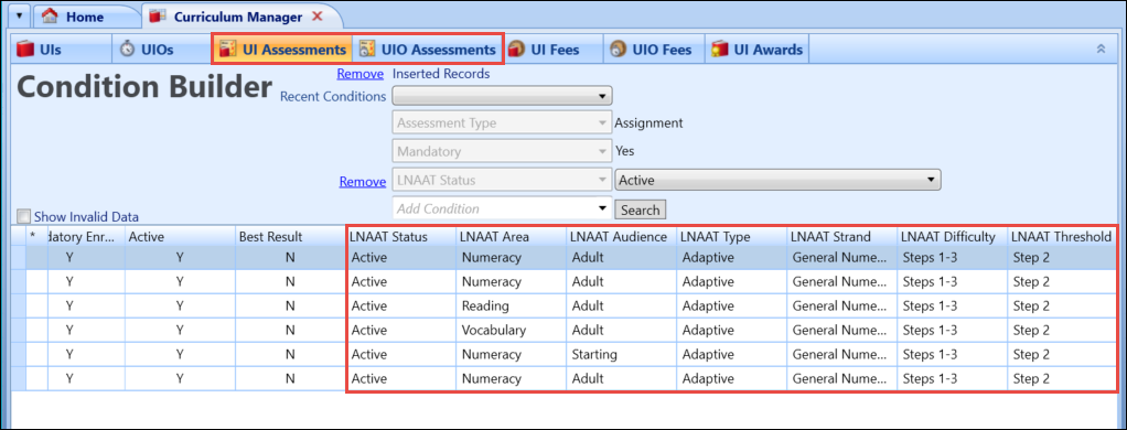 LNAAT fields in Curriculum Manager