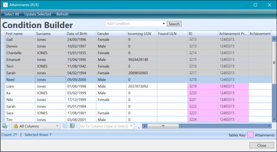 Selected records in the Attainments (PLR) window