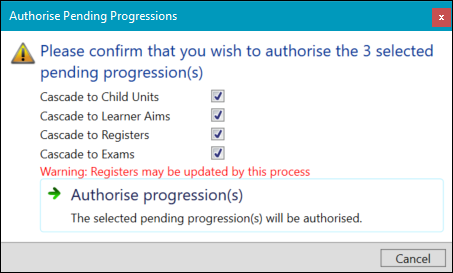 Authorise Pending Progressions window