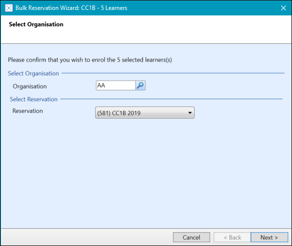 Bulk Reservation Wizard - Select Organisation