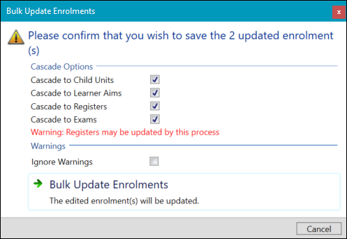 Bulk Update Enrolments Window