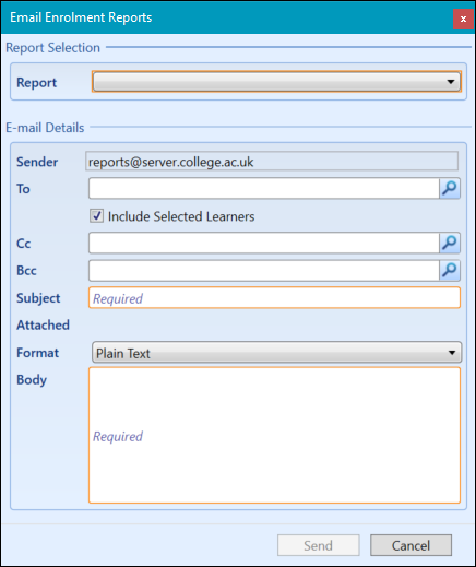 Email Enrolment Reports Window