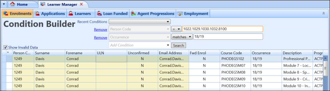 Enrolment grid records