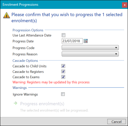 Enrolment Progressions Window