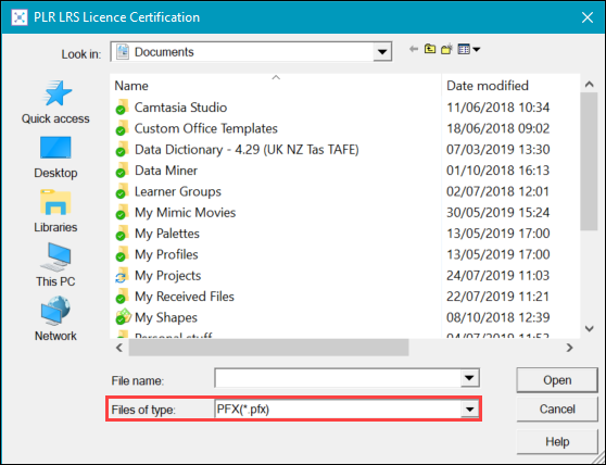 File of type field with PFX selected