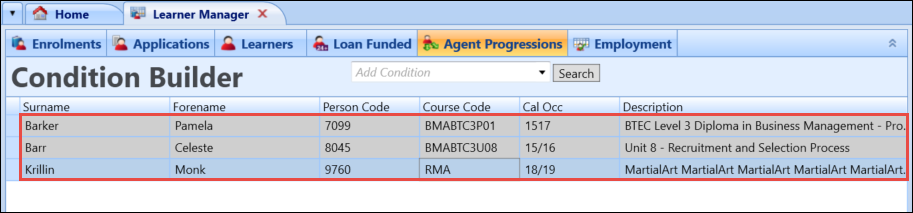 Selected Agent Progressions