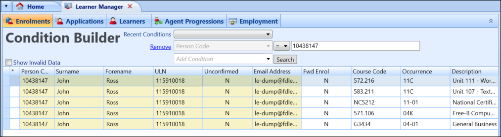 Selected enrolment record