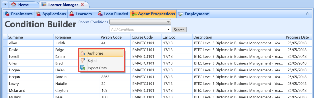 Agent Progressions shortcut menu