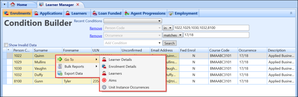 Enrolments shortcut menu