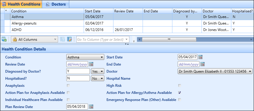 Health Conditions sub tab