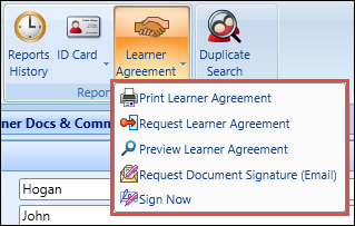 Options in the Learner Agreement drop-down