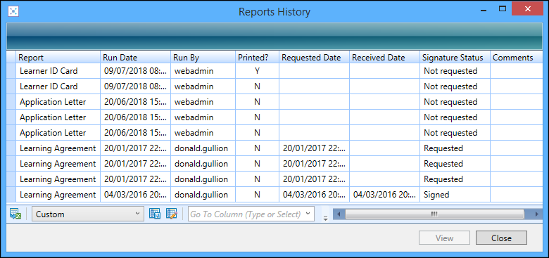 Reports History window