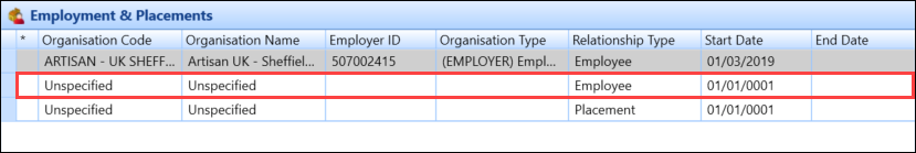 Unspecified employment record