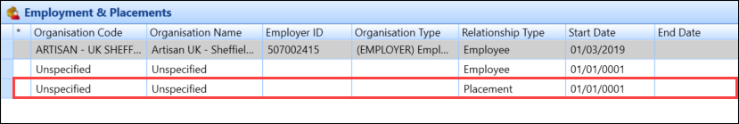 Unspecified work placement record