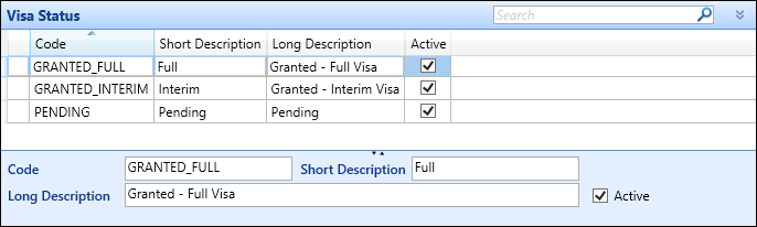 Visa Status reference data