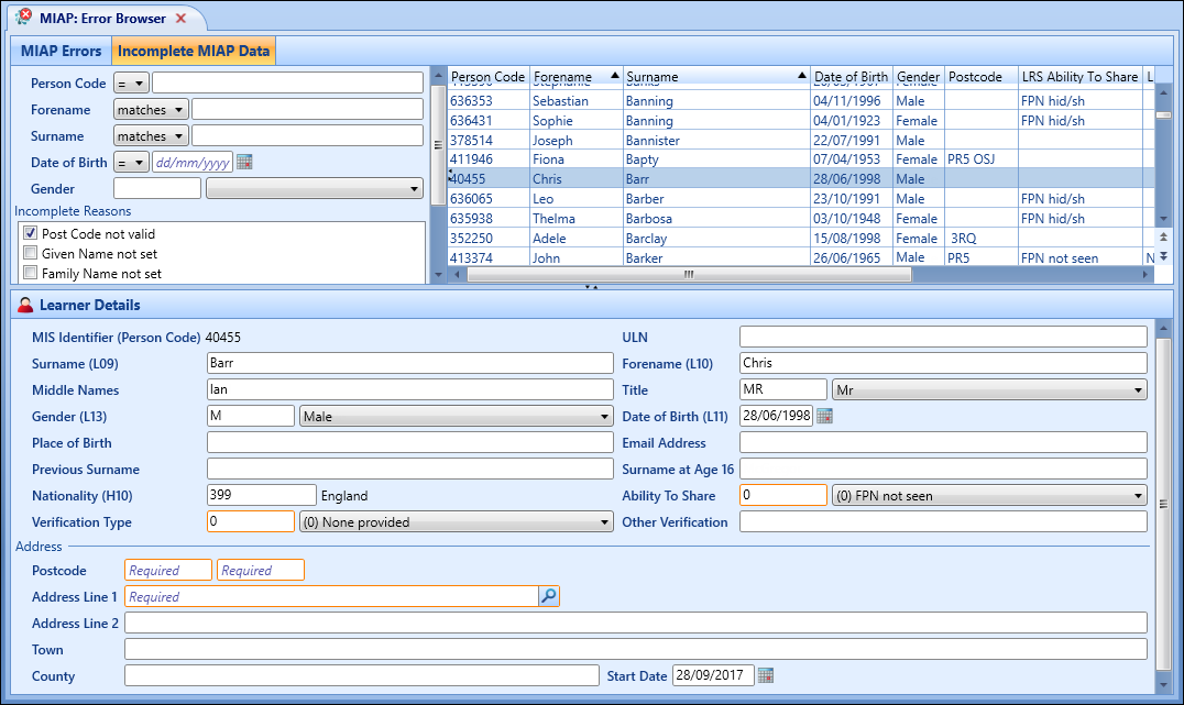 Incomplete MIAP Data tab