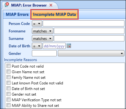 Incomplete MIAP Data tab option