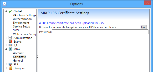 MIAP LRS Certificate Settings section