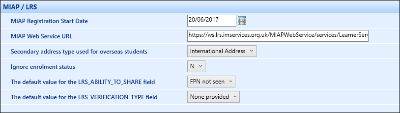 MIAP/LRS institution settings screen