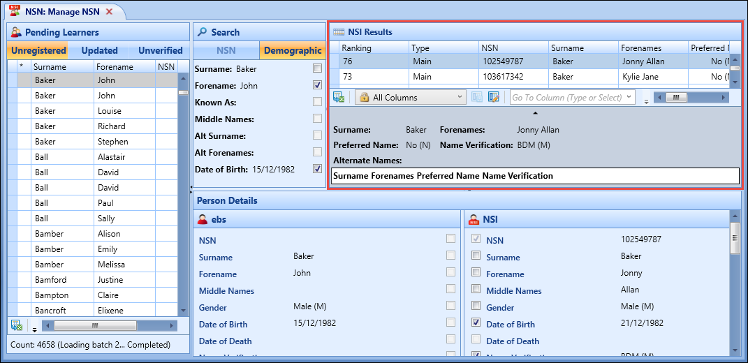 NSI Results panel