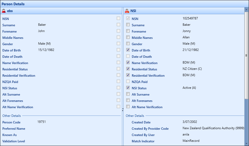 Person Details panel