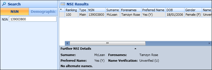 NSI Results panel